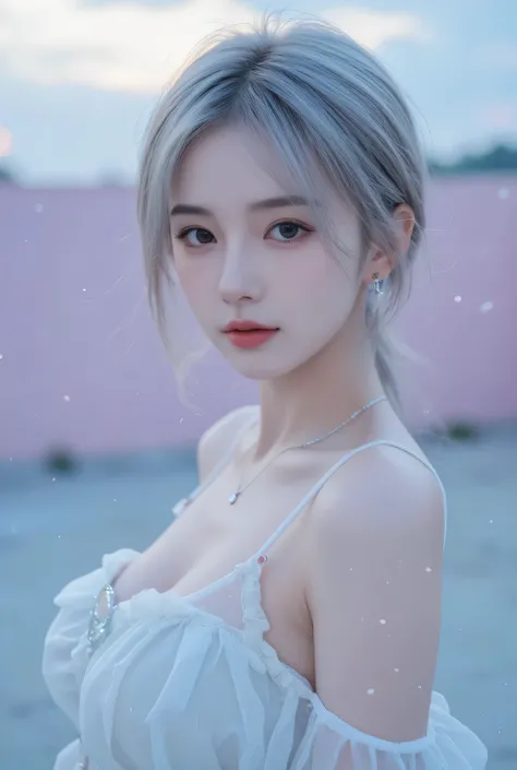 (masterpiece, highest quality:1.2), 8K, 85mm, Raw photo, confused, white and cyan theme, gray hair, gradient dress, delicate girl, Upper body, close your face, shiny skin, , looking at the viewer, HDR, sharp focus, particle, dusk sky, shiny skin, small eye...