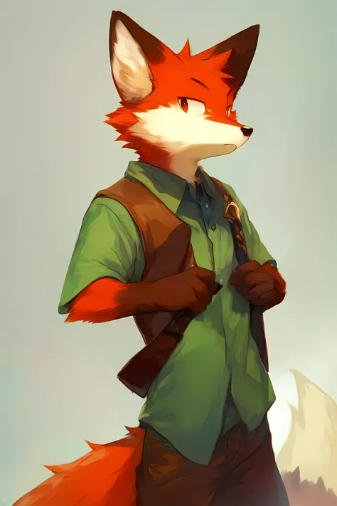 anime - style image of a male furry, red fox furry, green tunic, peasant tunic, brown leather vest, brais trousers, solo, A male red fox,25 years old, fur neatly groomed, a few rebellious tufts, pixiv art, masterpiece, sfw version, score_9, score_8_up, sco...