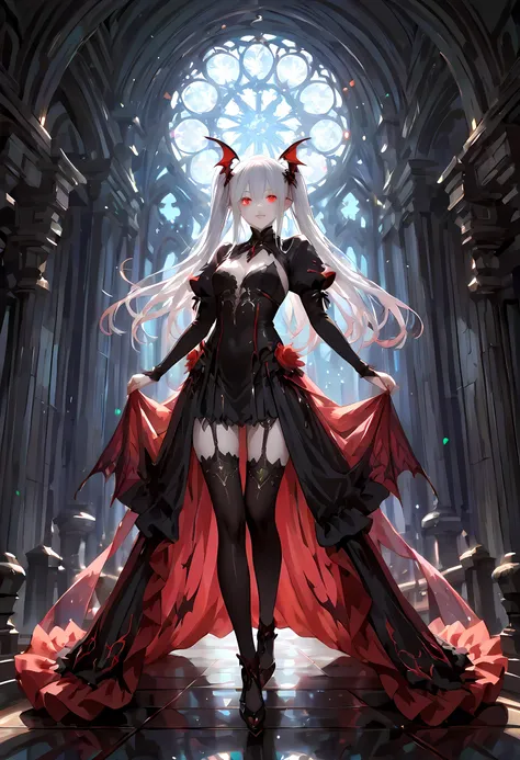 dark fantasy art, a picture of a fantasy, a beautiful female vampire, portrait, ultra feminine, best detailed body, best detailed face, best detailed face,  pale skin, dynamic hair, glowing eyes, vampire fangs, red eyes, wearing dynamic color dress, transp...