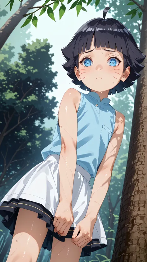 High Resolution, masterpiece, highest quality,
(himawari uzumaki, short hair, bangs, blue eyes, black hair, blunt bangs, facial mark, whisker markings, ahoge,),
(skirt, blue shirt, sleeveless shirt, neckline), Slightly open the mouth, Highly Detailed Eyes
...