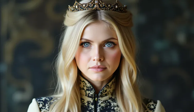 official portrait, full view of a queen, a 30 years old woman, very long blond hair, blue eyes, slim, she wears a futurist cream and blue dress made from a mix of printed circuit board alloy and leather fabric, futurist crown, no background