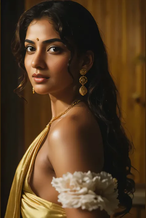 wet sweat t-shirt padded push up bra, saree removed dropped, cleavage, plain white color padded cotton bra:1.8 milk goddess Buffy's with curly hair short hair, smile face:1.5 in the shwer room(A masterpiece of impressionist close-up photography) Attractive...