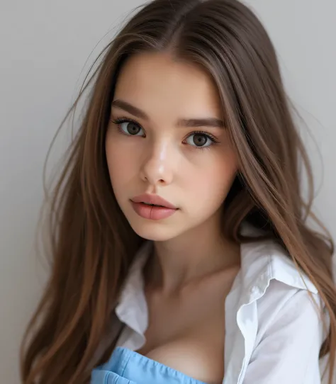 a close up of a woman in a blue and white top and panties, brown hair and a perfect body, perfect body, great body, sexy girl, beautiful body, beautiful upper body, beautiful body and face, perfect body and face, beautiful curves, sexy hot body, sexy body,...