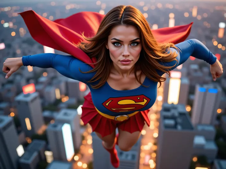 Incredibly sexy 18 year old superheroine, hyper detailed  eyes, beautiful Kryptonian superheroine, powerful action, red wavy hair, red and blue costume, red pleated skirt, yellow belt, red boots, , detailed facial features, 4K, flight, hyper realistic, pho...
