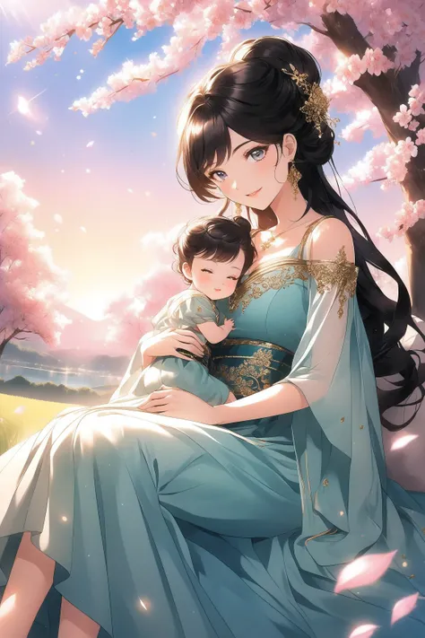 A beautiful oriental-fantasy mother sits gracefully on a stretch of soft green grass. She is wearing a long turquoise dress with luxurious gold details, the top is designed off-shoulder and has flowing semi-transparent sleeves. There are gold embroidery or...