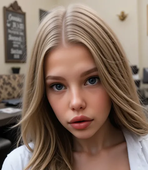 long shot, full body, indoor kitchen setting,  intricate background, detailed background, deep DOF, male gaze, male POV, intensely sexual image, young girl, ementary school age, gigantic round fake breasts, big round blue eyes, long thick wild wavy hair, w...