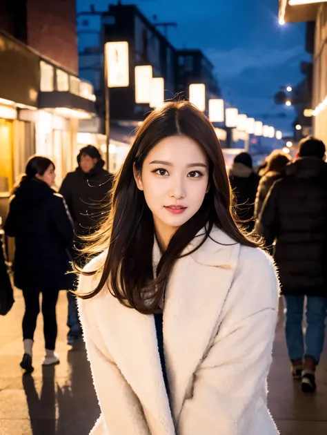 ((( highest quality , 8,000 people, masterpiece: 1.3)), ( 32-year-old woman), (radiant skin:1.3),    She has long brown hair  、 white-skinned、and double eyelids 。 the lights of a distant city can be seen vaguely In the background {x} portrait of long brown...