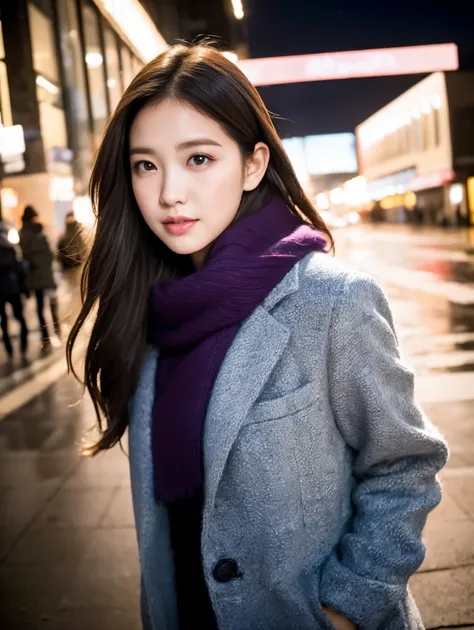 ((( highest quality , 8,000 people, masterpiece: 1.3)), ( 32-year-old woman), (radiant skin:1.3),    She has long brown hair  、 white-skinned、and double eyelids 。 the lights of a distant city can be seen vaguely In the background {x} portrait of long brown...