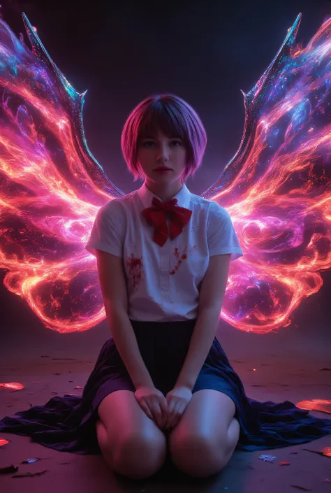 **Prompt:**
"A very attractive girl with a pronounced bust, dressed in a cosplay of Touka Kirishima from the anime *Tokyo Ghoul*, now transformed into her Ghoul form. She is sitting on the ground, slightly turned to the side, her head resting gently again...