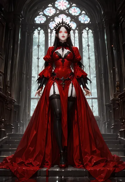 dark fantasy art, a picture of a fantasy, a beautiful female vampire, full body portrait, ultra feminine, best detailed body, best detailed face, best detailed face,  pale skin, dynamic hair, glowing eyes, vampire fangs, red eyes, wearing dynamic color dre...
