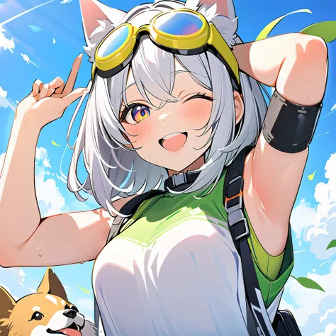 8k, girl with dog ears silver hair, White Ear, New life,goggles,Sky,fun,smile