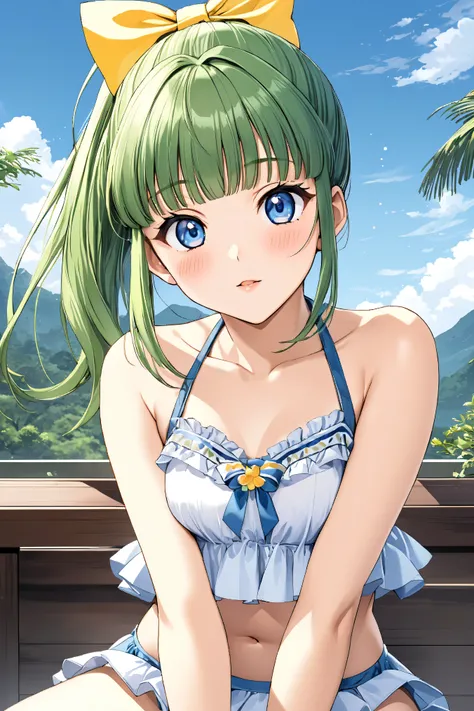 IijimaMiyuki, 1girl, solo, green hair, short hair, ponytail, blue eyes, Yellow bow, hair bow, bangs,  small breasts,1990s (style),kadoi aya style,

IijimaMiyuki, 1girl, solo, green hair, ponytail, blue eyes, hair bow, bangs,

1990s (style),kadoi aya style,...