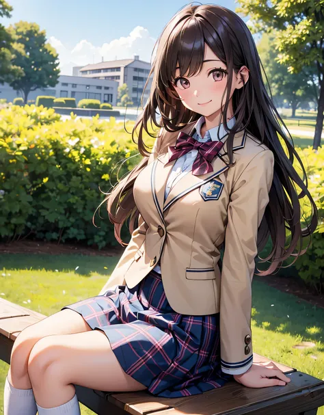 , sit on a bench , one girl, big breasts, blanking , smile, long hair, bungs , brown eyes, masterpiece, accurate, Anatomically Accurate, has received numerous awards , 最high quality DVD, High detail, high definition model , high quality DVD, beautif...