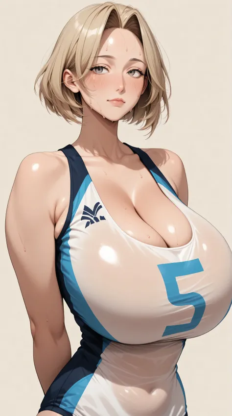 Girl alone、masterpiece、High resolution、Best Quality、((((Huge breasts))))、Narrow waist、1 mature milf、Volleyball Uniforms、blonde、Short Hair、expensive、Red cheeks、vapor、sweat、Attractive look、one length bob cut hair, ((forehead, hair intakes))、Tomboy、A regretfu...