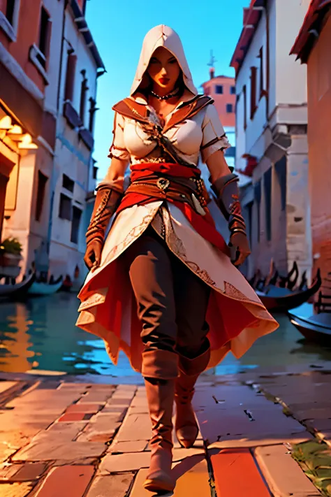 La mujer, poca ropa, botas hasta la rodilla, medias, black stockings, (((cloak, gloves,bracelet,botas altas))), ((renaissance, venice, dark,noche, night)), muy detallado, Realistic long-term photography, 4k, pelo largo, brown hair, By the chestnut, (((labi...
