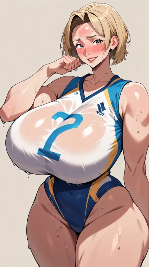 Girl alone、masterpiece、High resolution、Best Quality、((((Huge breasts))))、Narrow waist、1 female、Volleyball Uniforms、blonde、Short Hair、expensive、blushing, vapor、sweat、Attractive look、one length bob cut hair, ((forehead, hair intakes))、Tomboy、A regretful look...