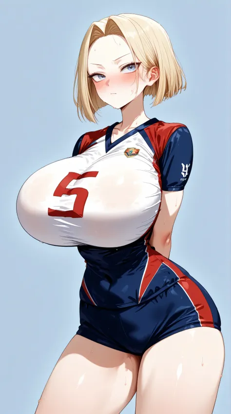 Girl alone、masterpiece、High resolution、Best Quality、((((Huge breasts))))、Narrow waist、1 young korean girl、Volleyball Uniforms、blonde、Short Hair、expensive、Red cheeks、vapor、sweat、Attractive look、one length bob cut hair, ((forehead, hair intakes))、Tomboy、A re...
