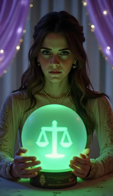 "A young, serene, and enchanting fortune teller sits gracefully at a softly lit table, her hands gently hovering over a glowing crystal ball. She wears a sophisticated, flowing fortune teller’s outfit with a formal twist—delicate, mystical patterns woven i...