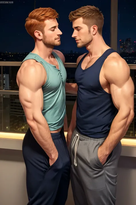 2 men, Photo-realistic. A fit, handsome, 30-year-old, Caucasian man with short, shaved, brown hair, stubble, and closed eyes, wearing a short sleeved cream-colored button-up shirt, and navy slacks, and a tall, muscular, handsome, 24-year-old jock, with ora...