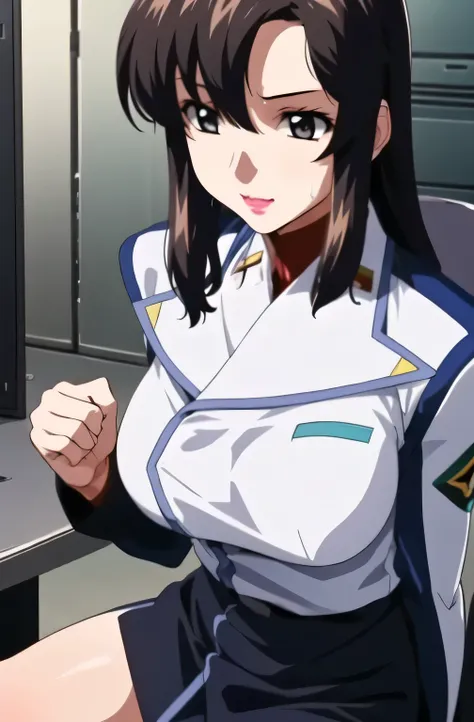 Can you draw a very similar American Police uniform, face more delicately,Please draw big breasts even bigger breasts((5 fingers、delicately and accurately expresses the beautiful fingertips of office workers)),(face more delicately),white blouse , ...