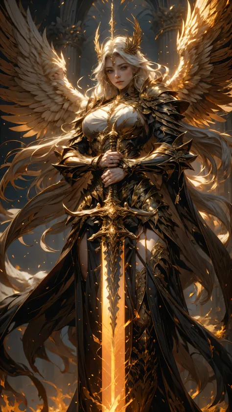 in the heart of heaven , a young archangel woman with very long white hair stands in a calm and composed warrior pose. She wears an archangel, simple crimson and gold, costume similar to archangel armor with a majestic cape. She wears an open and ornament...