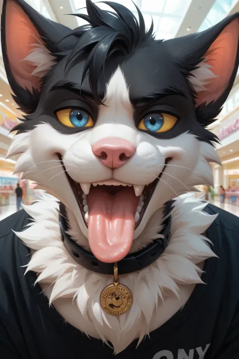 a cat furry, male, black fur, black hair, white muzzle, pink nose, black eyebrows, white fur between eyes, yellow sclera, blue eyes, black collar, toony style, smirking expression, attractive, cartoon, close-up of their open mouth, sharp pointy teeth, long...