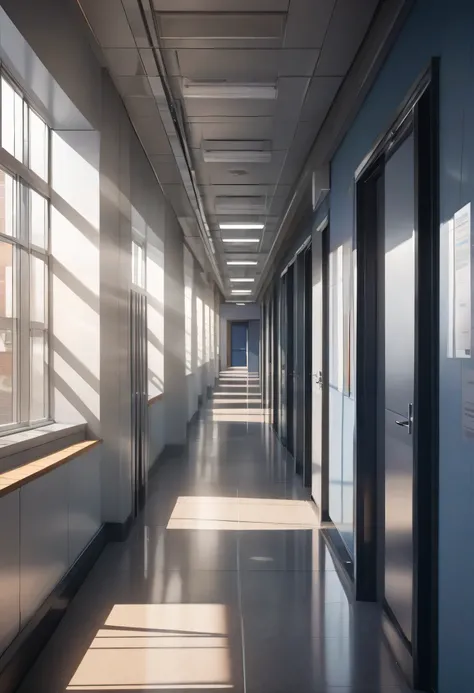 (masterpiece, better quality, High resolution, UHD, perfect pixels , depth of field, 4k, RTX, hdr))), image of the interior wall of a high school corridor), mid-rise view