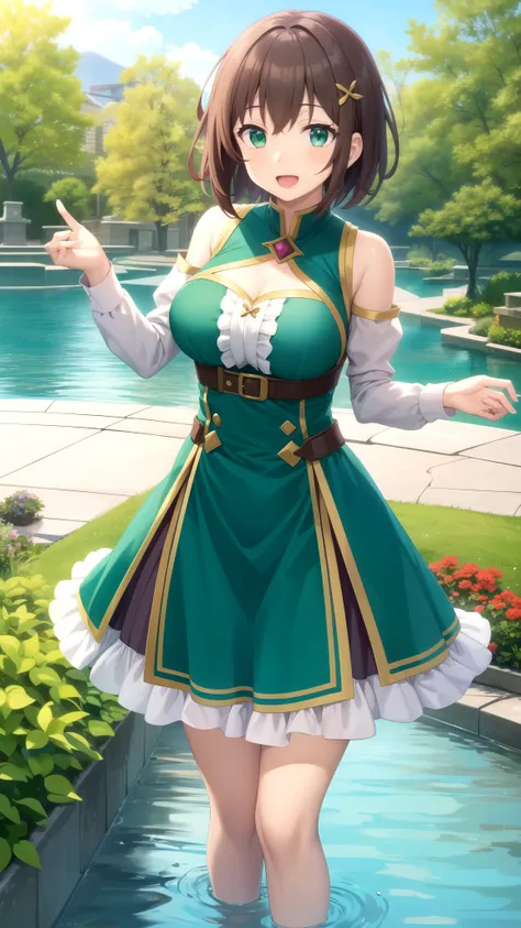 Masterpieces, Best Quality, girl, looking at viewer, kazuma satou, short hair, brown hair, green eyes, large breasts, princess connect Re:Dive cosplay, princess Dress, standing, smile, open mouth, outdoors 
