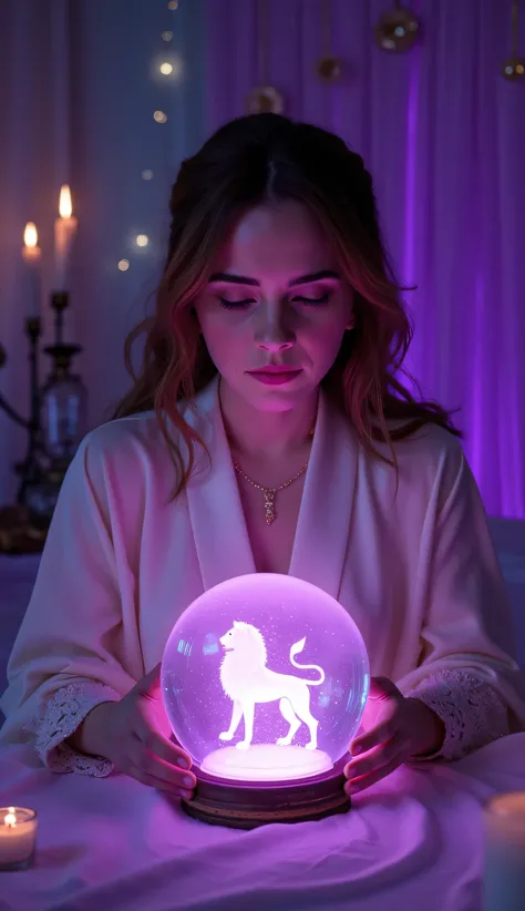 "A young, serene, and enchanting fortune teller sits gracefully at a softly lit table, her hands gently hovering over a glowing crystal ball. She wears a sophisticated, flowing fortune teller’s outfit with a formal twist—delicate, mystical patterns woven i...