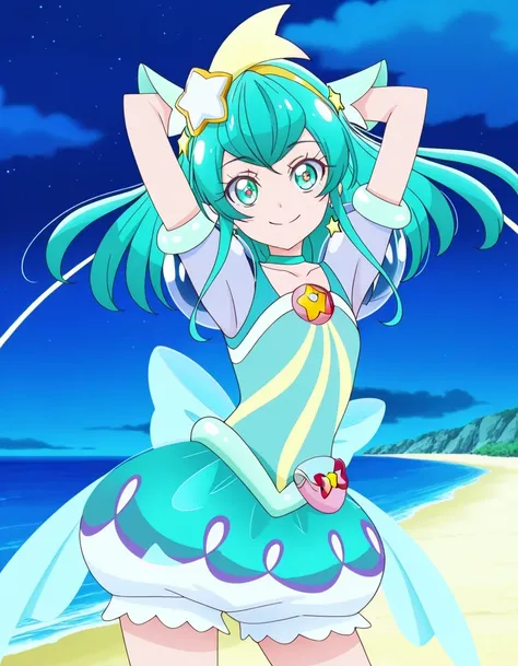 curemilky, anime screencap, high quality, closed mouth, solo, cowboy shot, night sky, beach, hands behind head, ((contrapposto)), looking at viewer, smile, best quality