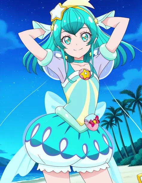 curemilky, anime screencap, high quality, closed mouth, solo, cowboy shot, night sky, beach, hands behind head, ((contrapposto)), looking at viewer, smile, best quality