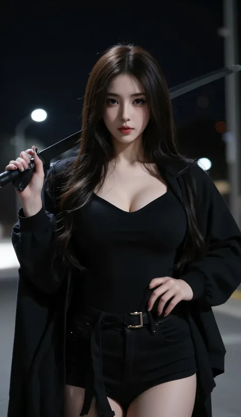 Big cleavage girl with black hoodie covering head at night posing cool carrying big black sword close up, sharp focus, perfect eyes, shiny skin, beauty hair