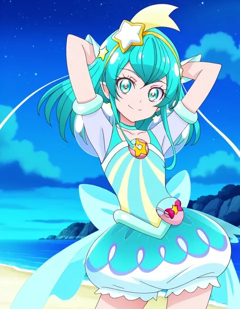 curemilky, anime screencap, high quality, closed mouth, solo, cowboy shot, night sky, beach, hands behind head, ((contrapposto)), looking at viewer, smile, best quality