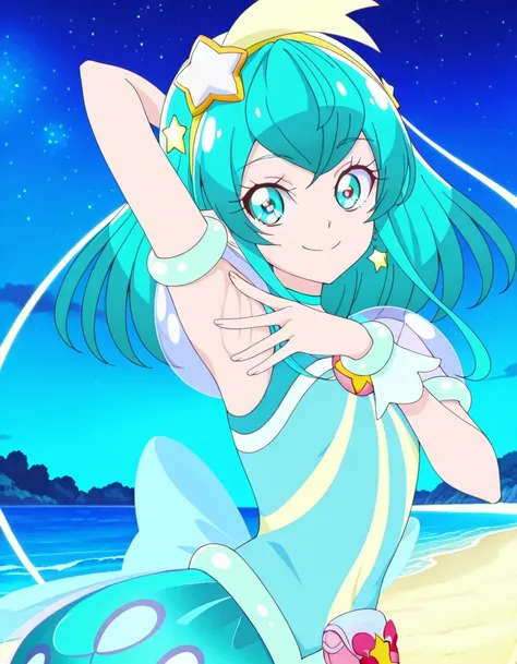 curemilky, anime screencap, high quality, closed mouth, solo, upper body, night sky, beach, hand behind head, v, spread armpit, presenting armpit, ((contrapposto)), looking at viewer, smile, best quality,