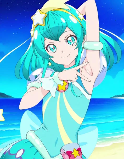 curemilky, anime screencap, high quality, closed mouth, solo, upper body, night sky, beach, hand behind head, v, spread armpit, presenting armpit, ((contrapposto)), looking at viewer, smile, best quality,