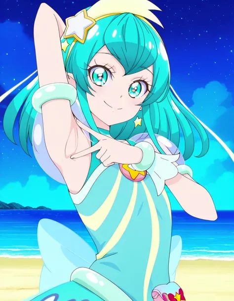 curemilky, anime screencap, high quality, closed mouth, solo, upper body, night sky, beach, hand behind head, v, spread armpit, presenting armpit, ((contrapposto)), looking at viewer, smile, best quality,