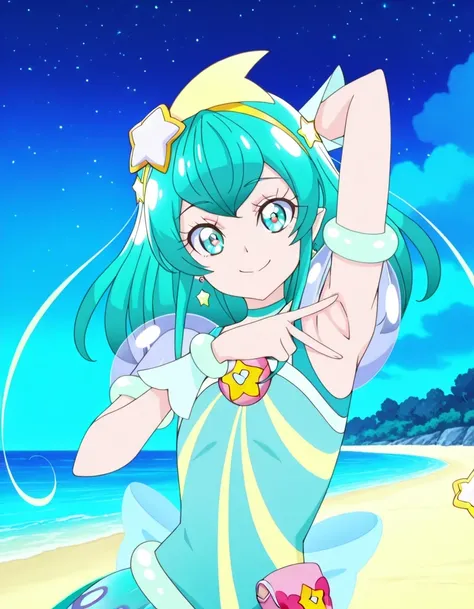curemilky, anime screencap, high quality, closed mouth, solo, upper body, night sky, beach, hand behind head, v, spread armpit, presenting armpit, ((contrapposto)), looking at viewer, smile, best quality,