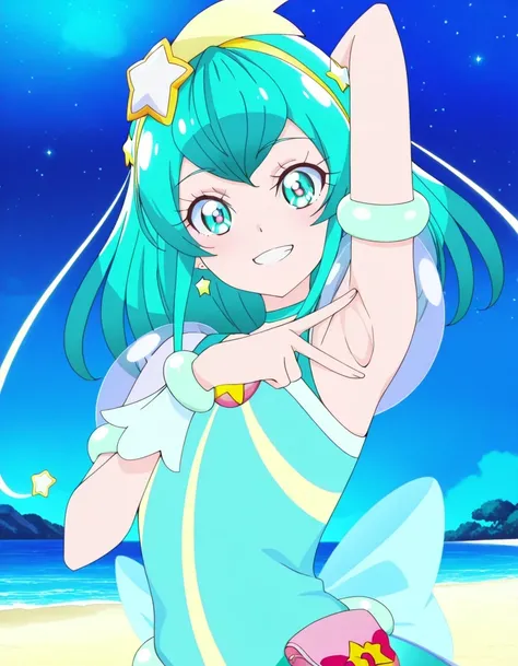 curemilky, anime screencap, high quality, closed mouth, solo, upper body, night sky, beach, hand behind head, v, spread armpit, presenting armpit, ((contrapposto)), looking at viewer, grin, best quality,