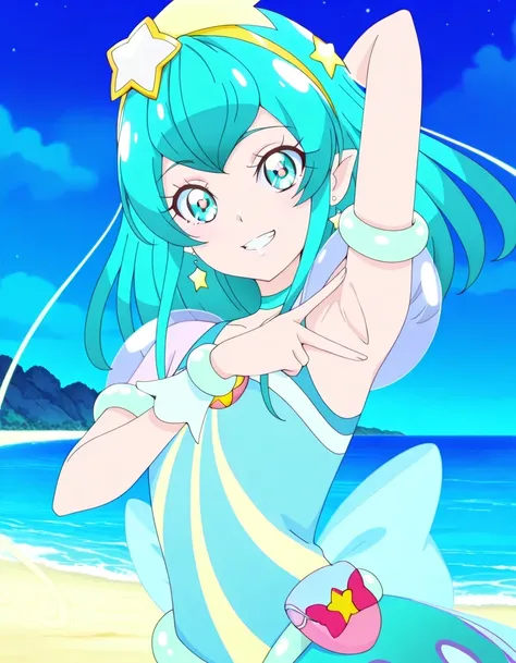 curemilky, anime screencap, high quality, closed mouth, solo, upper body, night sky, beach, hand behind head, v, spread armpit, presenting armpit, ((contrapposto)), looking at viewer, grin, best quality,