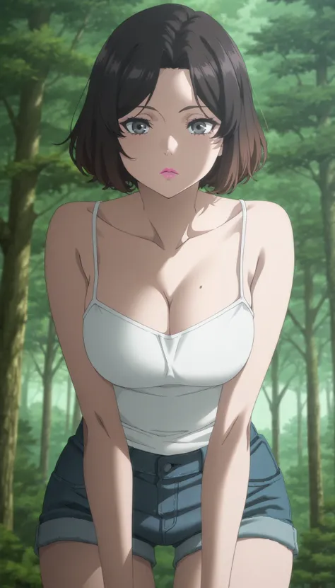Masterpiece, best quality, source_anime, anime screencap, anime coloring, anime screencap,1girl,black hair, black eyes, short hair, brown hair, parted bangs, pink lips, grey eyes
white camisole, cleavage, (mole on breast:0.8), short shorts, denim shorts, f...