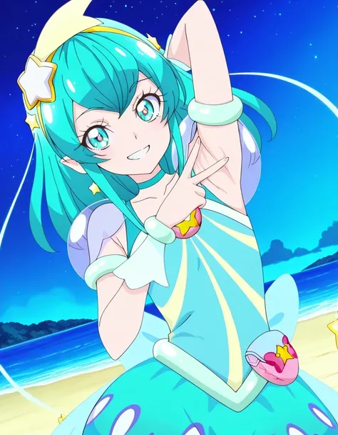curemilky, anime screencap, high quality, closed mouth, solo, upper body, night sky, beach, hand behind head, v, spread armpit, presenting armpit, ((contrapposto)), looking at viewer, grin, best quality,