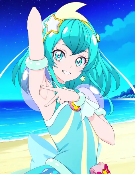 curemilky, anime screencap, high quality, closed mouth, solo, upper body, night sky, beach, hand behind head, v, spread armpit, presenting armpit, ((contrapposto)), looking at viewer, grin, best quality,