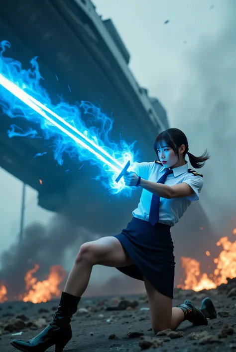 Sexy beautiful Japanese woman, a self defense officer uniform, wearing a white short-sleeved shirts, navy blue tie, navy blue pencil skirt, Black patent high heels, beautiful hip-line, Beautiful thighs,  A  woman in a low combat-ready stance swinging a glo...
