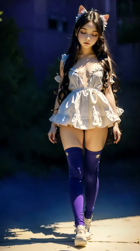 masterpiece, Lots of water  , best quality, quality, him,  absurdities , younger, intricate details, a woman walking in black dress, ((sideways)),  A Girl, Alone, dark-skinned woman, black hair, white socks,   tall socks, leggings with ruffles, ruffles,   ...