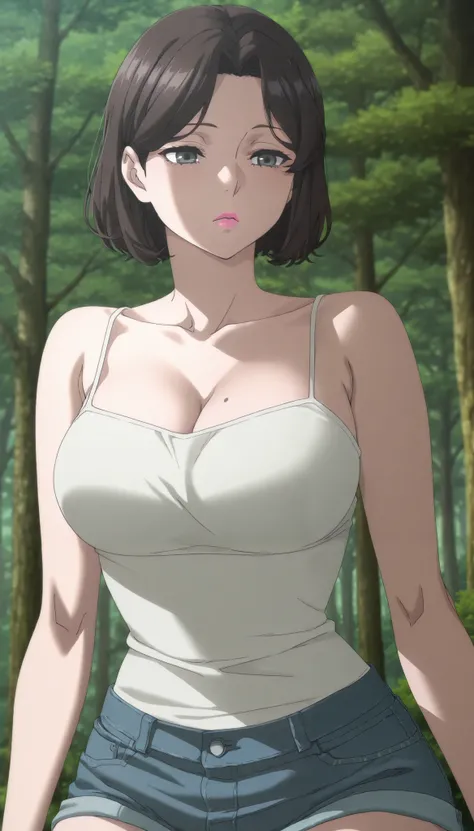 Masterpiece, best quality, source_anime, anime screencap, anime coloring, anime screencap,1girl,mature female,black hair, black eyes, short hair, brown hair, parted bangs, pink lips, grey eyes
white camisole, cleavage, (mole on breast:0.8), short shorts, d...