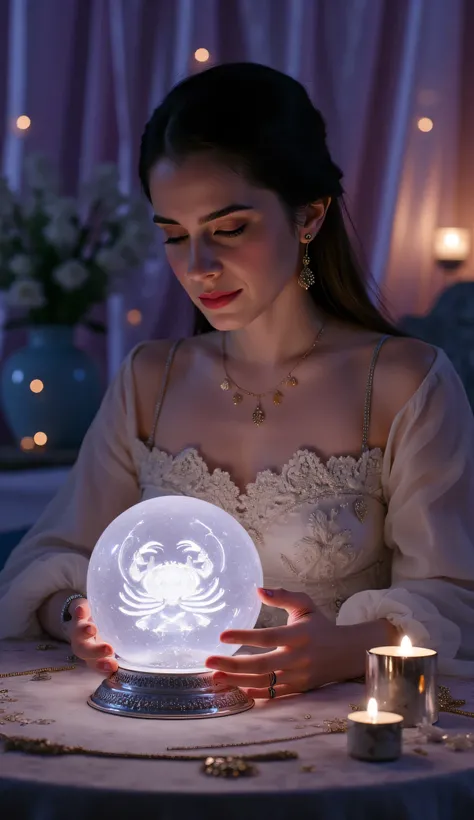 "A young, serene, and enchanting fortune teller sits gracefully at a softly lit table, her hands gently hovering over a glowing crystal ball. She wears a sophisticated, flowing fortune teller’s outfit with a formal twist—delicate, mystical patterns woven i...