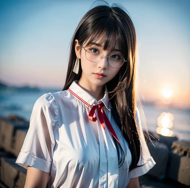8K quality, pictures, Two beautiful men and beautiful women, Beautiful like a goddess, The backlight of the sunset is so dazzling that the characters are hazy, above chest shot at the ruins, (White blouse with red thin string ribbon tie:1.2), (Fine silver ...