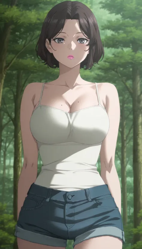 Masterpiece, best quality, source_anime, anime screencap, anime coloring, anime screencap,1girl,mature female,black hair, black eyes, short hair, brown hair, parted bangs, pink lips, grey eyes
white camisole, cleavage, (mole on breast:0.8), short shorts, d...