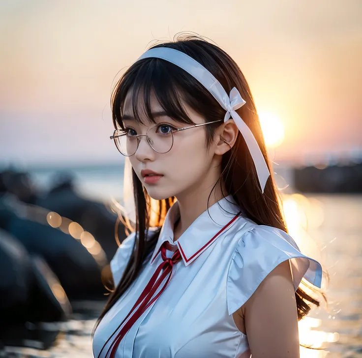 8K quality, pictures, Two beautiful men and beautiful women, Beautiful like a goddess, The backlight of the sunset is so dazzling that the characters are hazy, above chest shot at the ruins, (White blouse with red thin string ribbon tie:1.2), (Fine silver ...