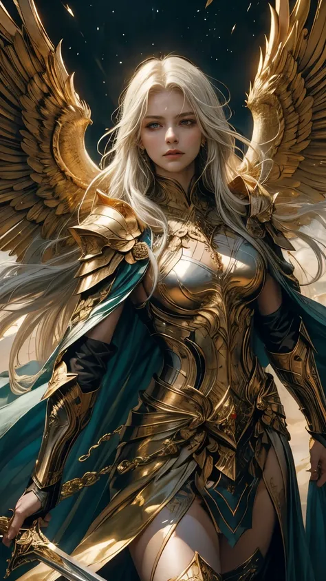 in the heart of heaven , a young archangel woman with very long white hair stands in a calm and composed warrior pose. She wears an archangel, simple crimson and gold, costume similar to archangel armor with a majestic cape. She wears an open and ornament...